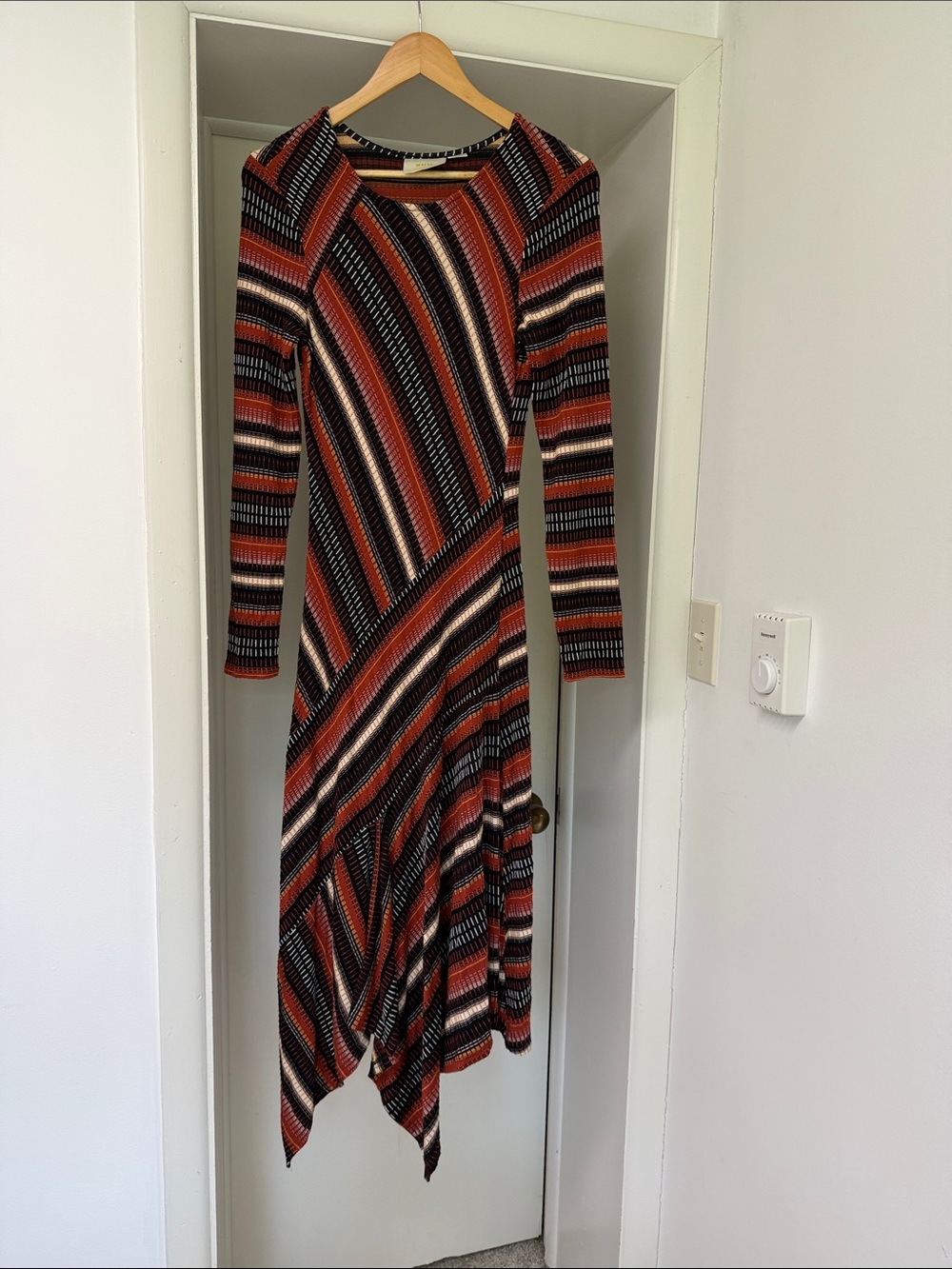 Mauve Striped Long-Sleeve Asymmetric Hem Dress - Rust, Black, Cream